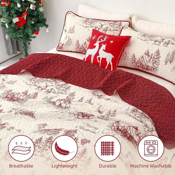 Christmas Quilt Set Queen Size, Red Hand-Painted Imagery Bedspread Coverlet Set - Picture 4 of 7